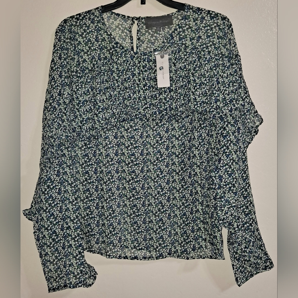 Anthrpologie Blue Green Floral Blouse Sheer Ruffle Long Sleeve Sunday N Brooklyn